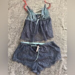 Victoria's Secret Blue Lace Camisole & Shorts Pajama Set with Pink Straps